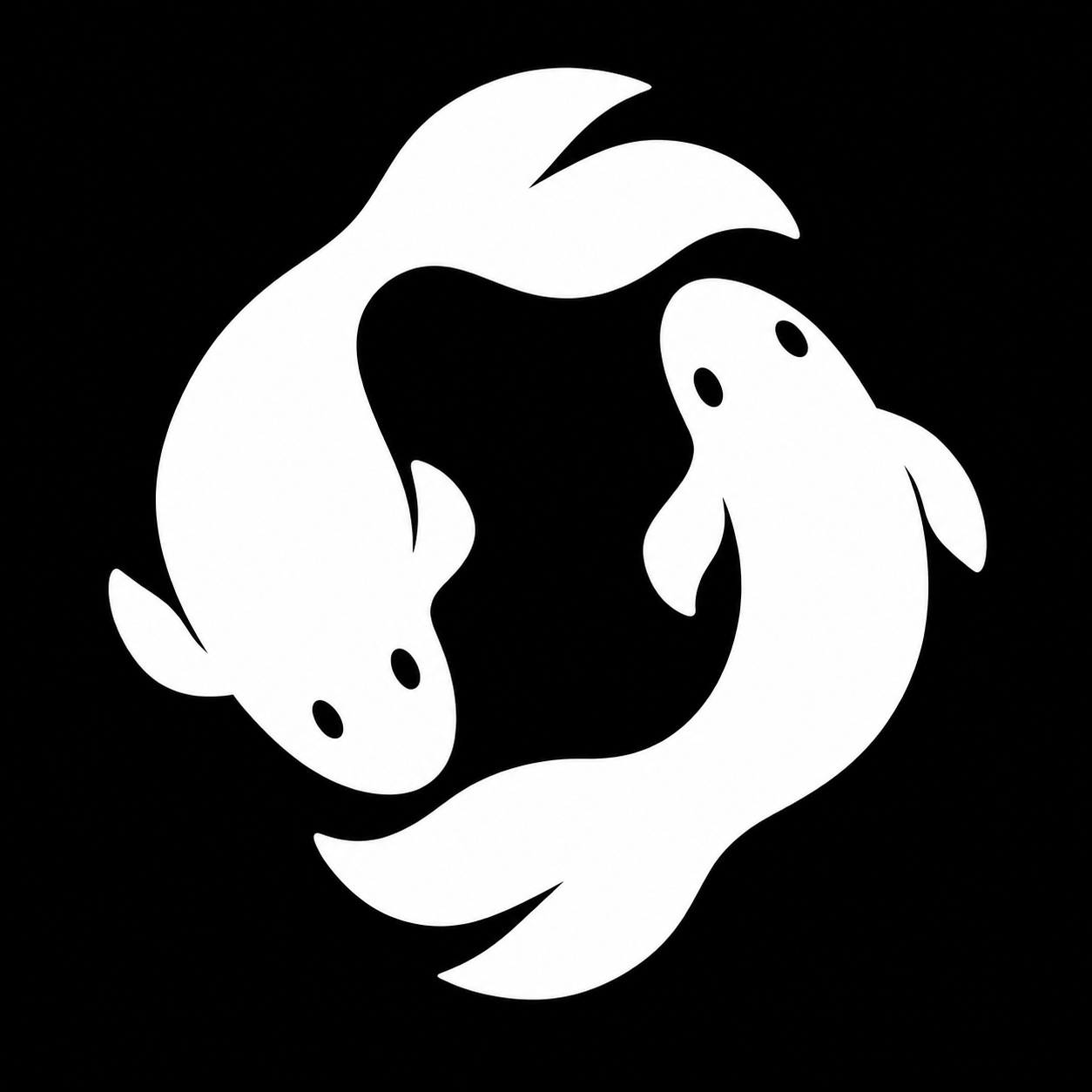 Katara’s two-koi mark in white on a black background